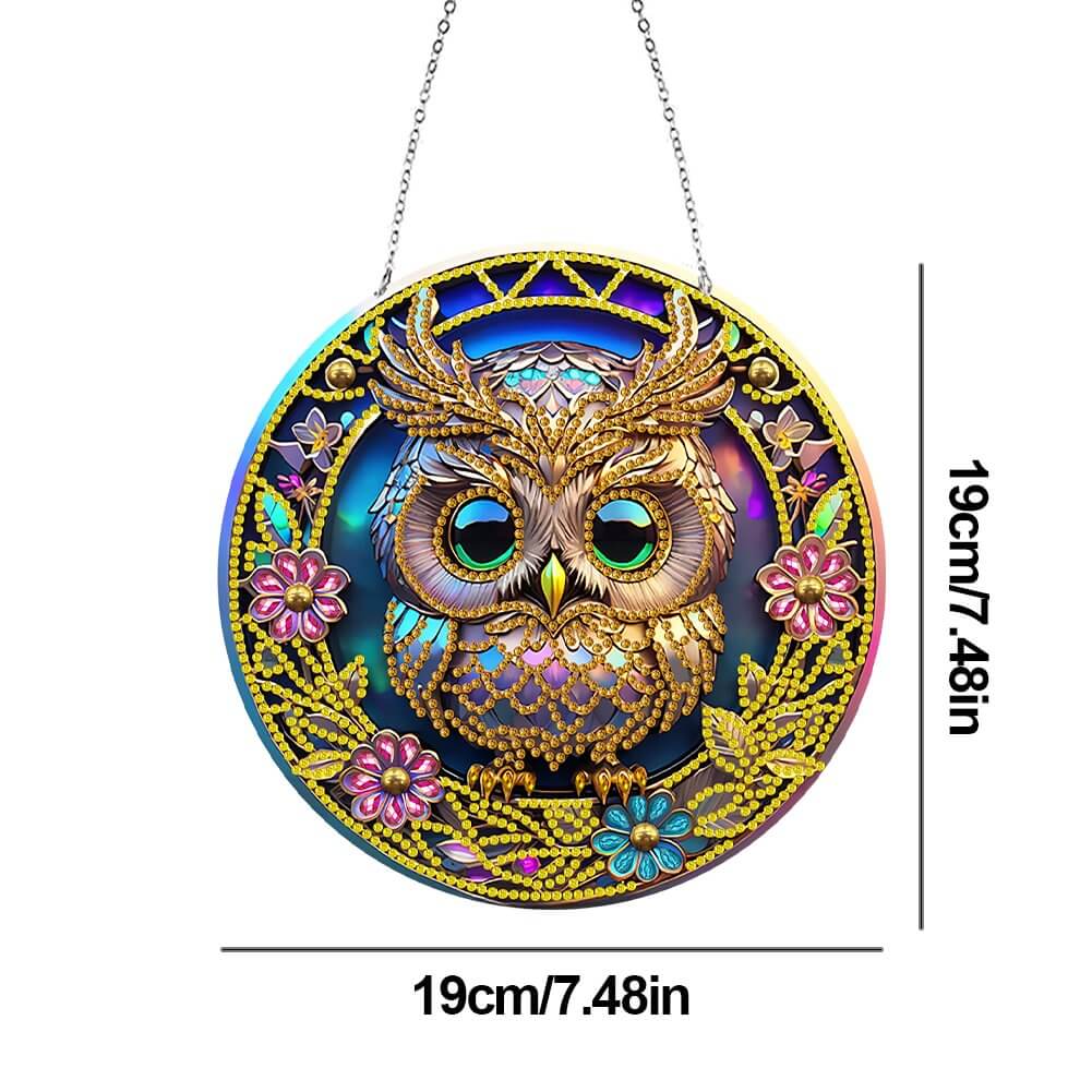 Stained Glasses Owl Diamond Painting Vintage Hanging Ornament SIZE