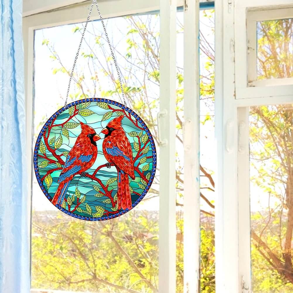 Stained Glass Red Bird DIY Diamond Painting Vintage Hanging Ornament