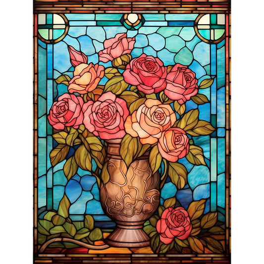 Flower Diamond Painting - Full Round / Square - Stained Glass Rose Vase B