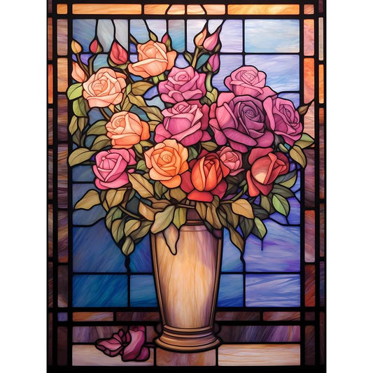 Flower Diamond Painting - Full Round / Square - Stained Glass Rose Vase E