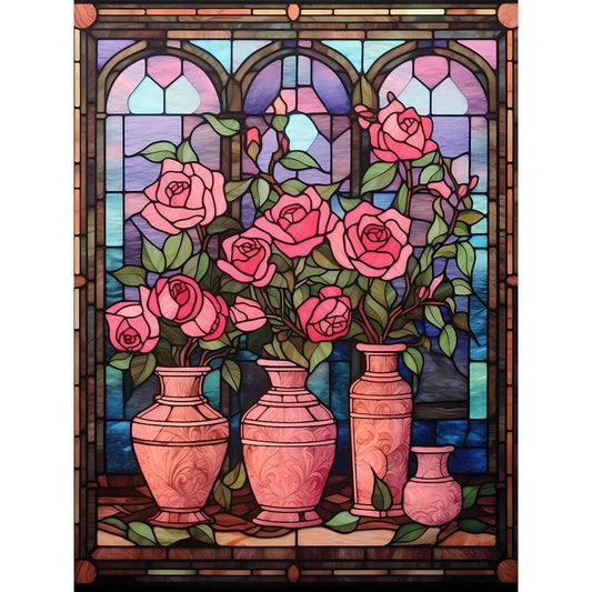 Flower Diamond Painting - Full Round / Square - Stained Glass Rose Vase C