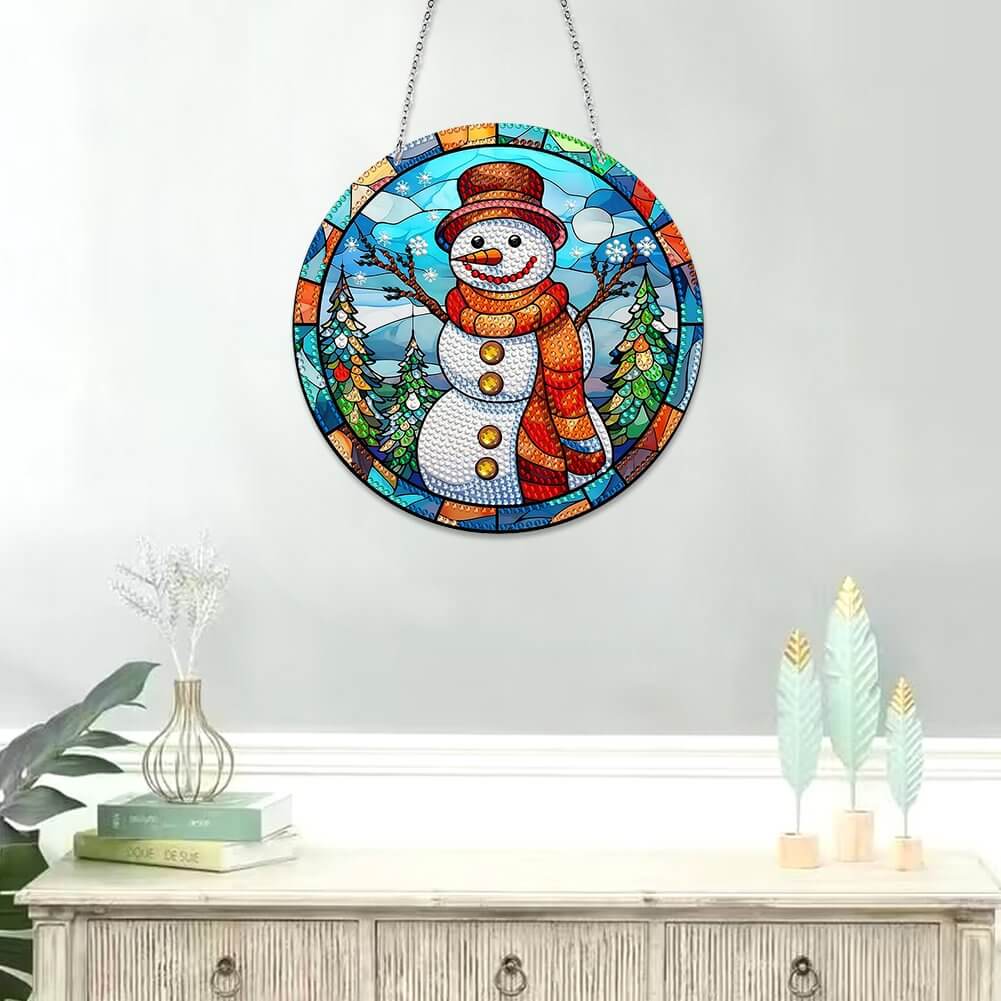 Stained Glasses Snowman DIY Diamond Painting Vintage Hanging Ornament