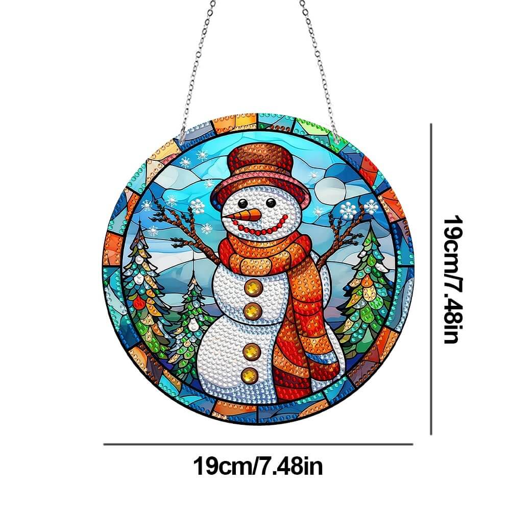 Stained Glasses Snowman Diamond Art Vintage Hanging Ornament Size