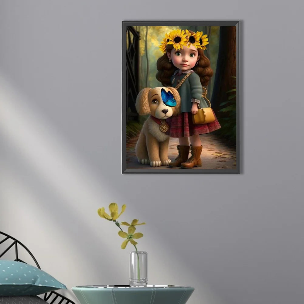 Sunflower Girl With Dog Diamond Painting
