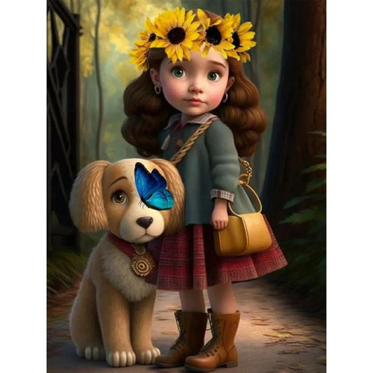 Diamond Painting - Full Round / Square - Sunflower Girl With Dog