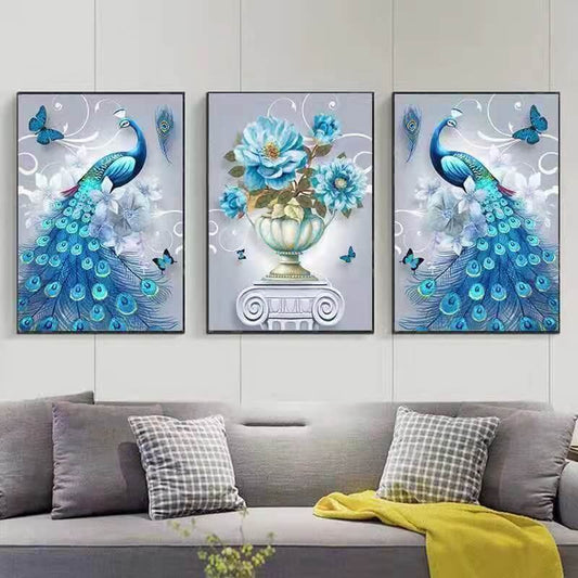 Triptych Diamond Painting - Full Drill - Blue Peacocks & Flower