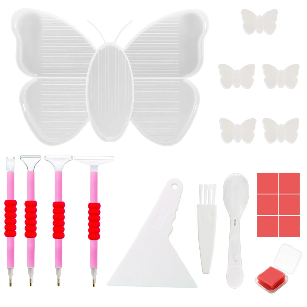 Transparent  Butterfly Shaped Diamond Painting Beads Trays And Drill Pens Kit A