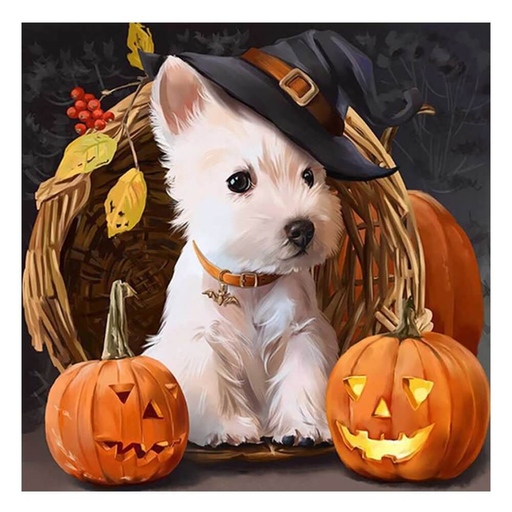White Dog & Pumpkin Halloween Diamond Painting