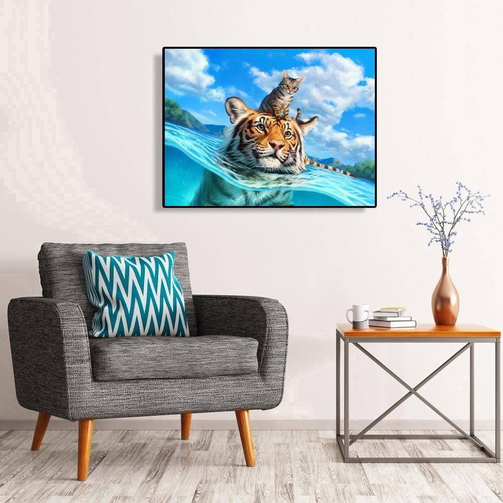 Pintura por número - Pinturas acrílicas - Tigre y gato nadando (40*50cm)