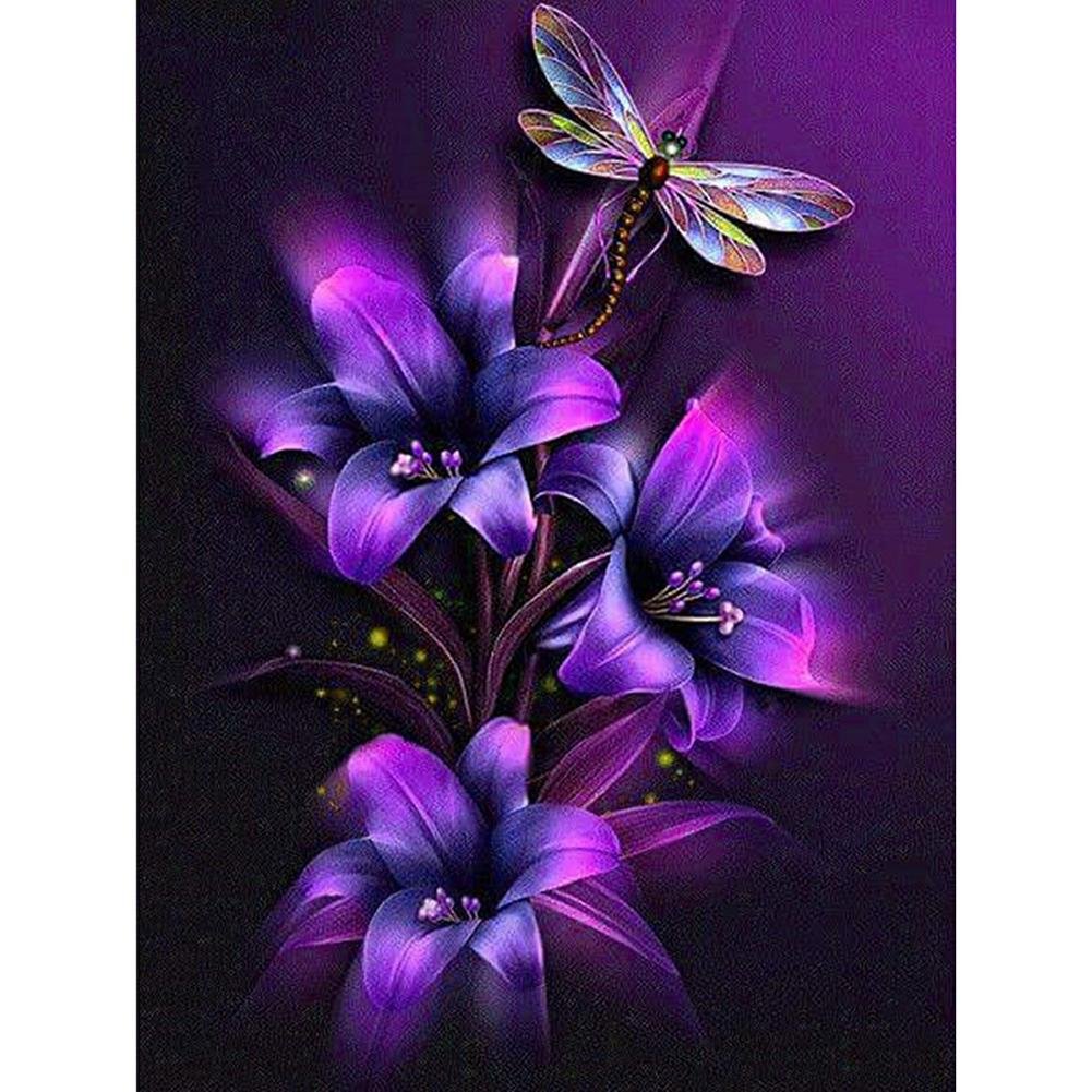5D Diy Diamond Painting Kit Full Round Beads Purple Flower