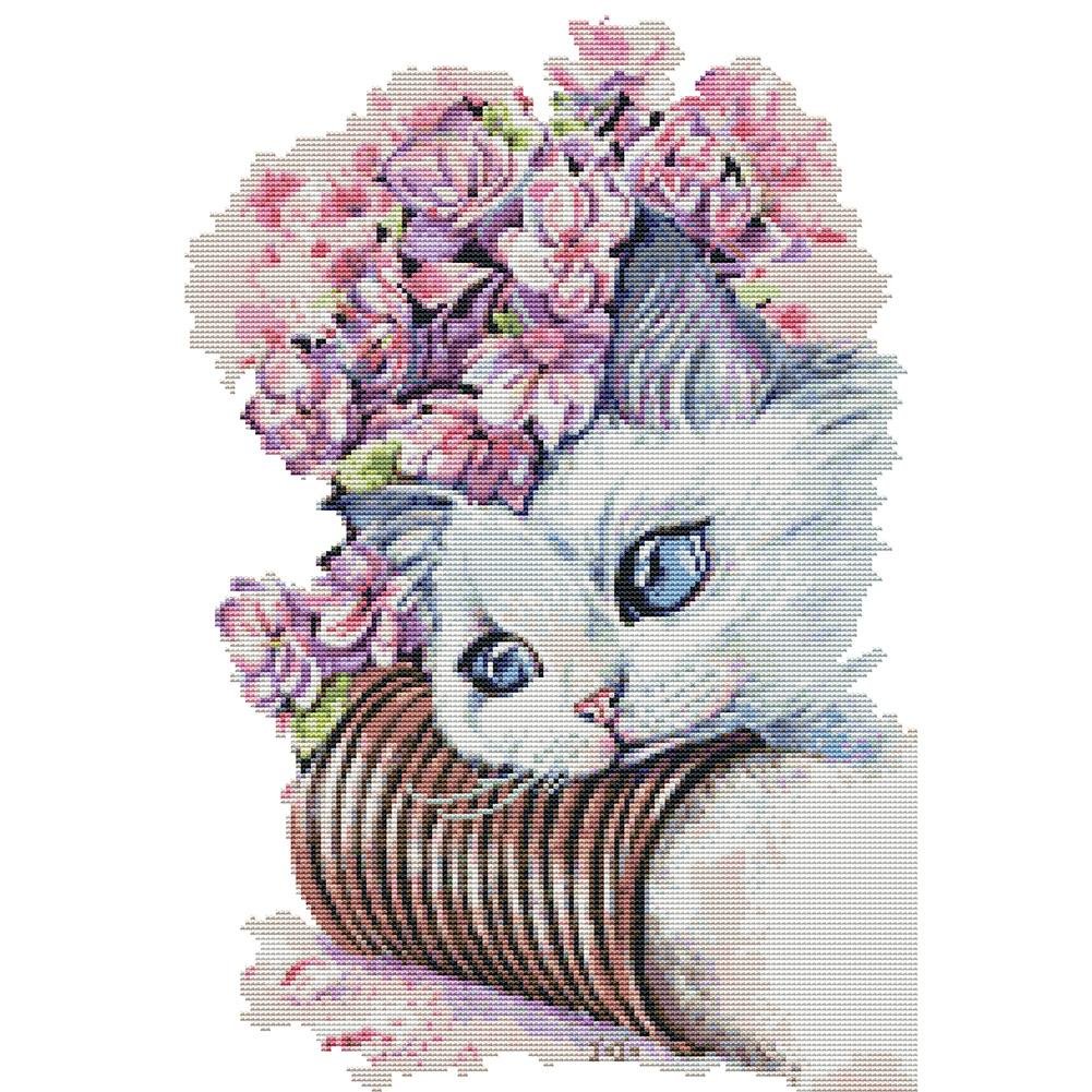 14ct Stamped Cross Stitch Cat and Flower(34*47cm)