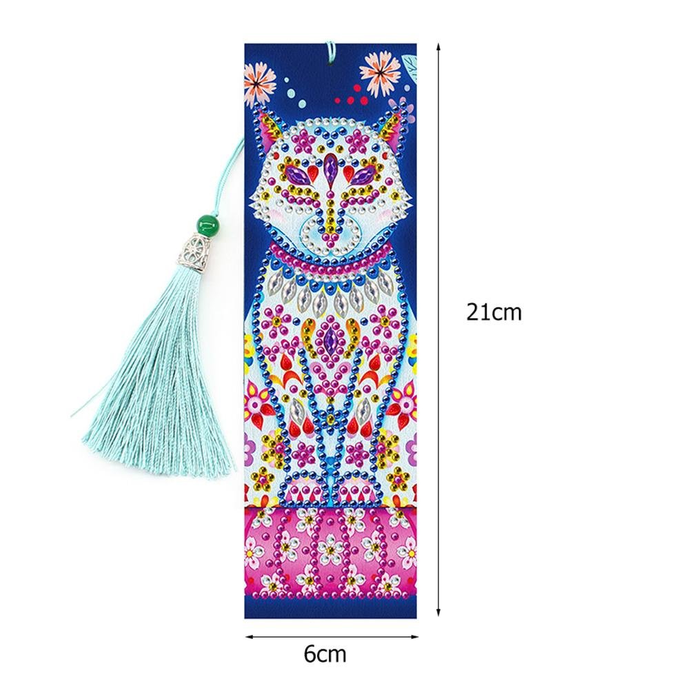 2x DIY Diamond Painting Leather Bookmarks Tassel Cat Embroidery Page Marker