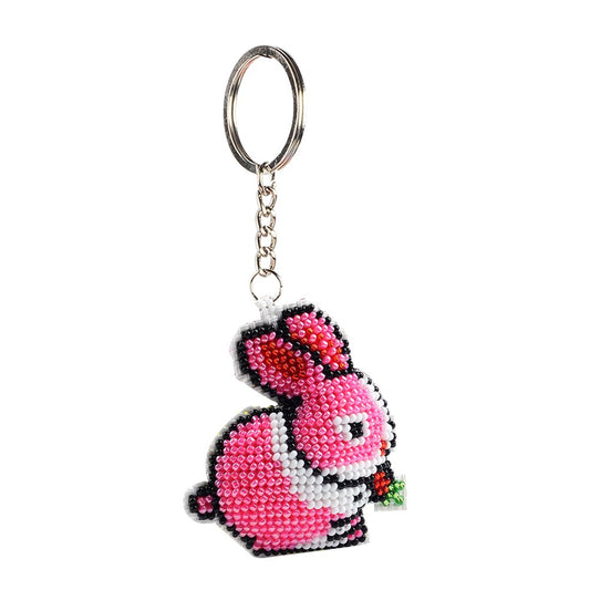 Stamped Beads Cross Stitch Keychain Pink Rabbit 