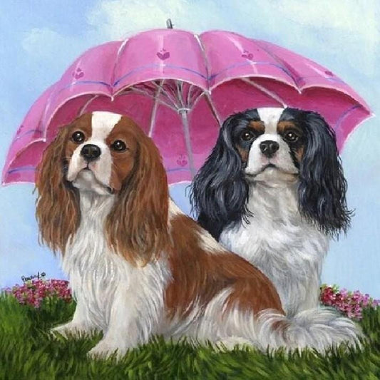 5D Diy Diamond Painting Kit Full Round Beads Dogs Under Umbrella (40*40cm)