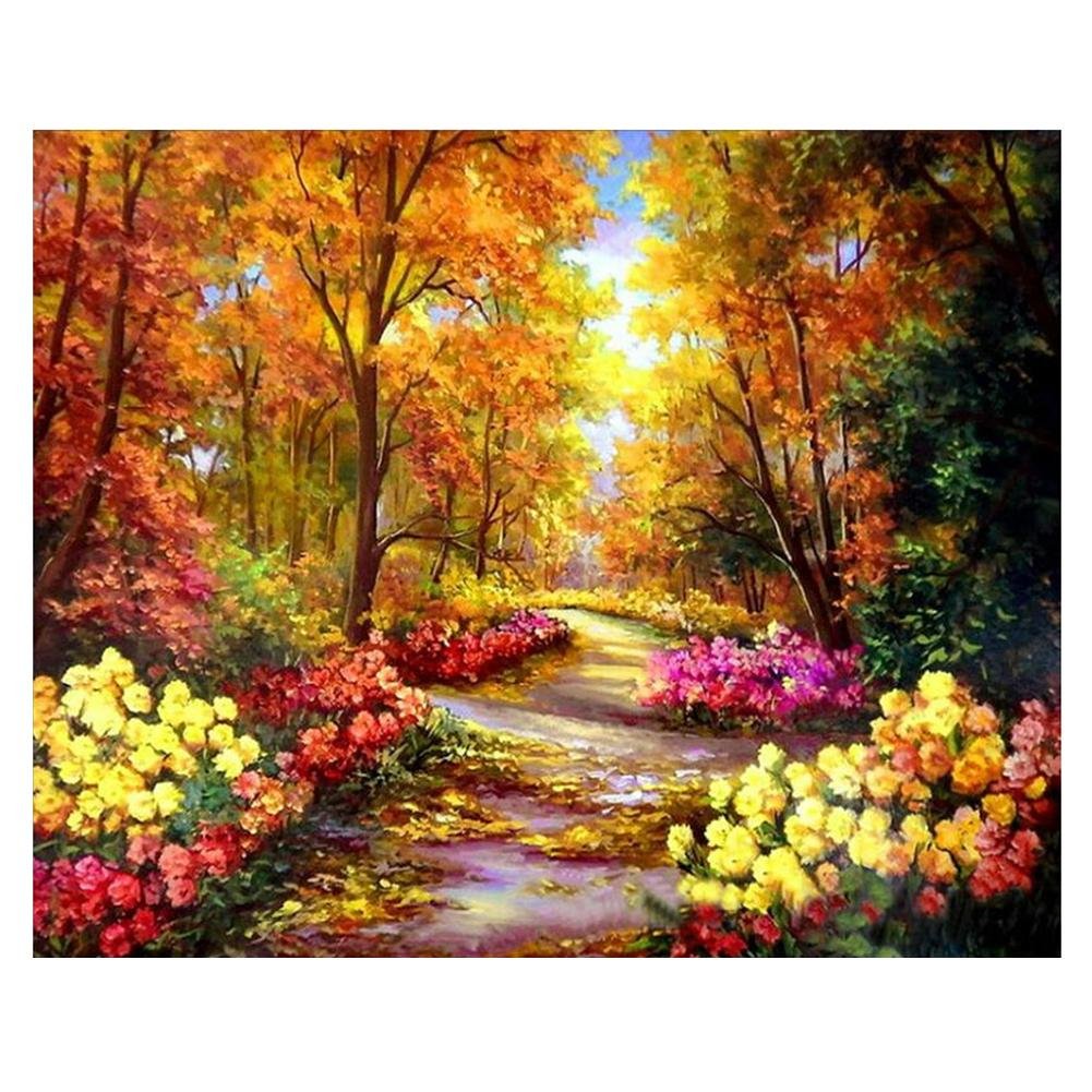 5D Diy Diamond Painting Kit Full Round Beads Forest Path Scenery