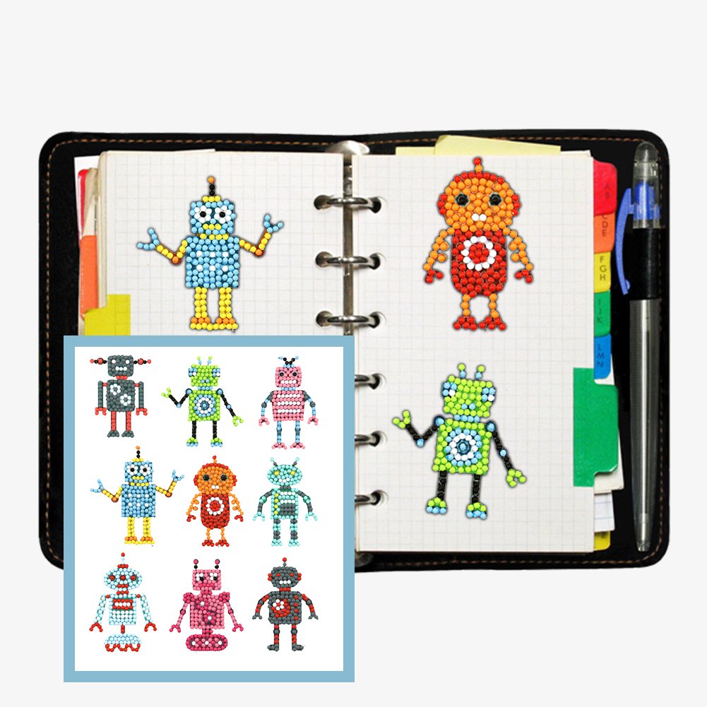 9pcs DIY Kit Color Cute Robots Self-adhesive Rhinestone Stickers Book Decor