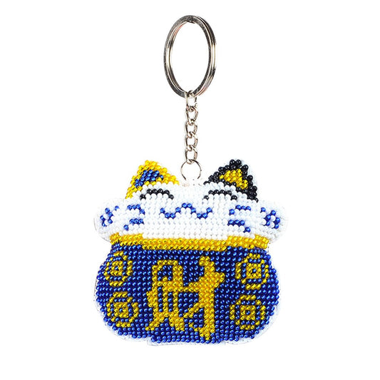 Stamped Beads Cross Stitch Keychain Fortune Cat 