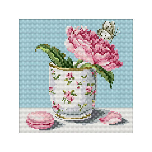 11ct Stamped Cross Stitch Cup Flowers Quilting Fabric (27*27cm)