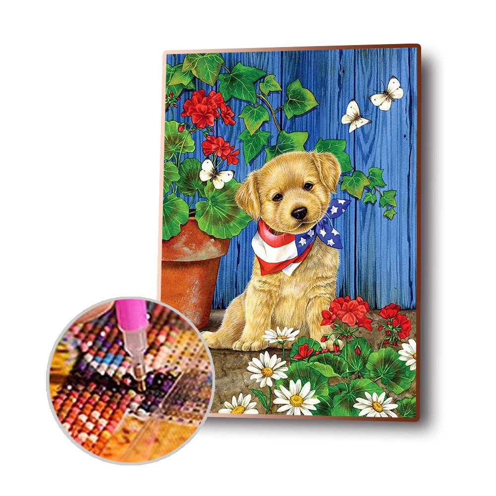 Kit de pintura de diamante DIY 5D - rodada completa - cão de flor