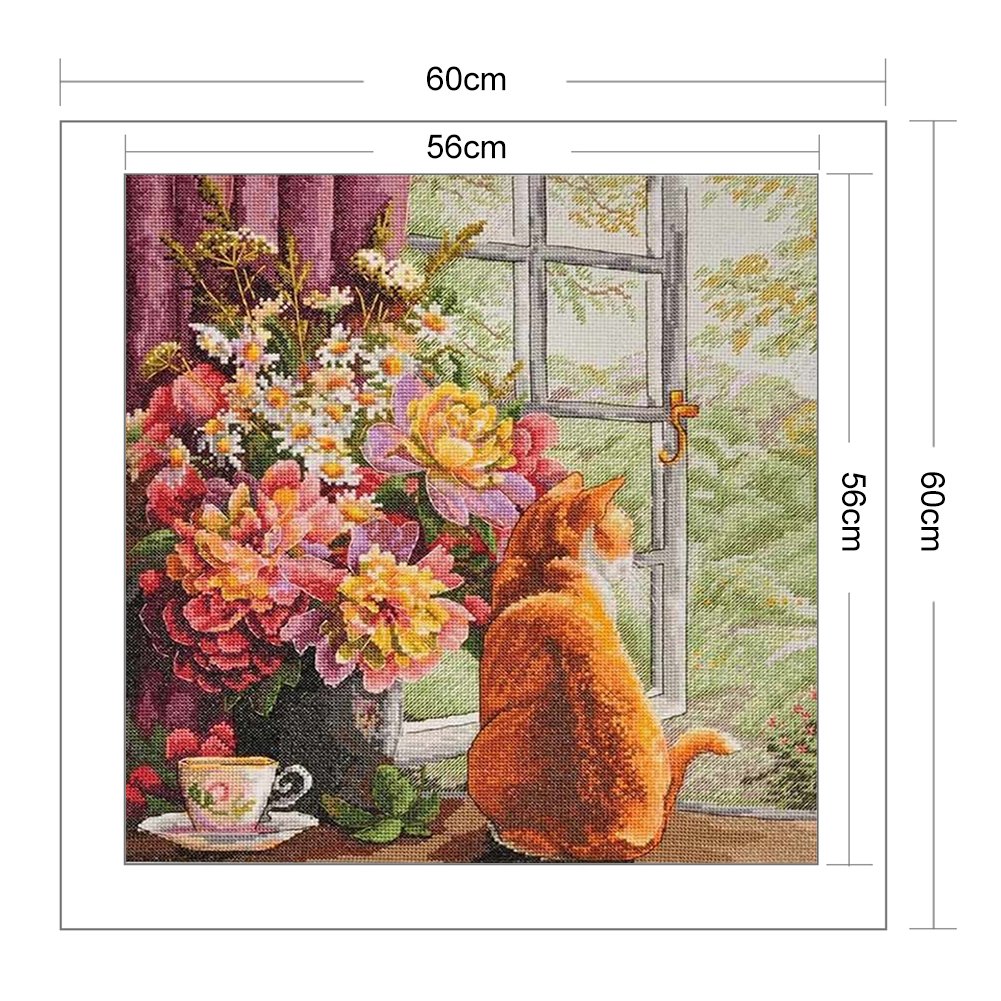 11CT Estampado Ponto Cruz - Flor e Gato (60*60CM)