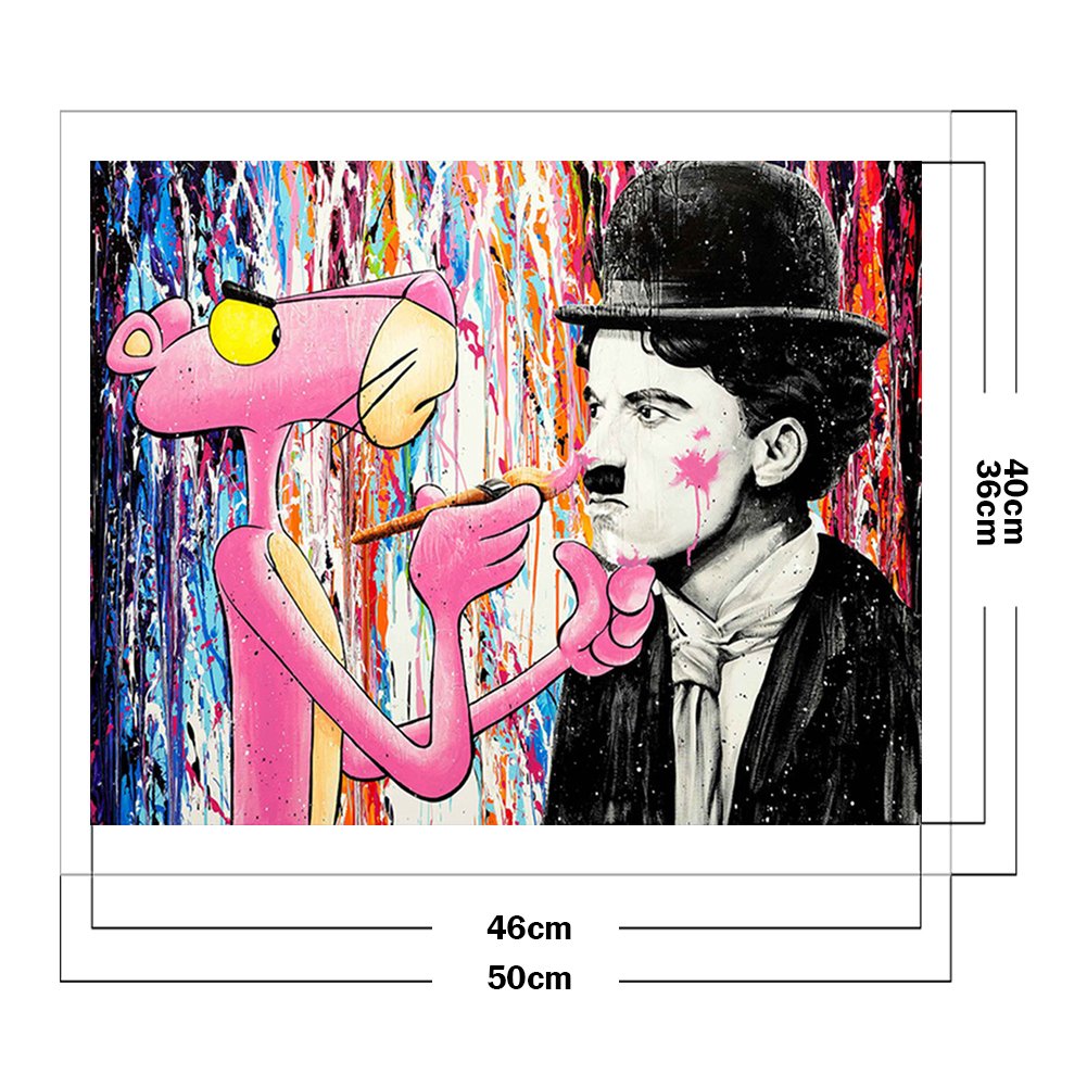 Pink Leopard & Charlie Chaplin Stamped Cross Stitch Painting Size