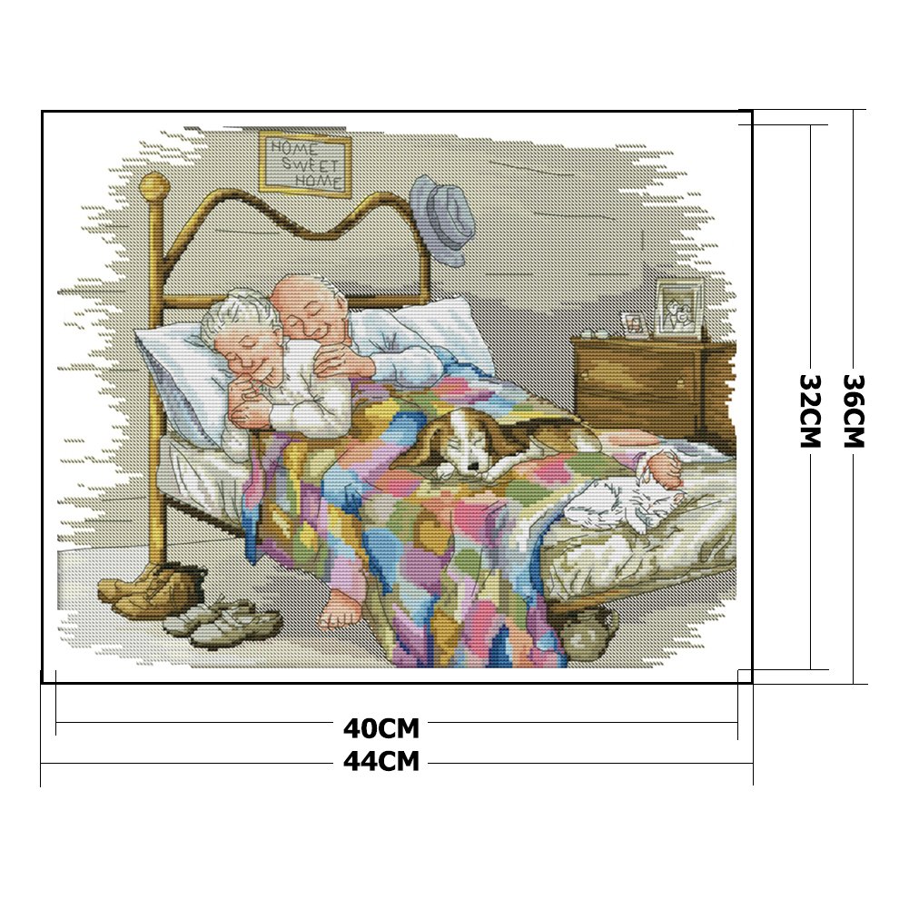 14 quilates de ponto de cruz estampado - casal de idosos dormindo (44 x 36 cm)