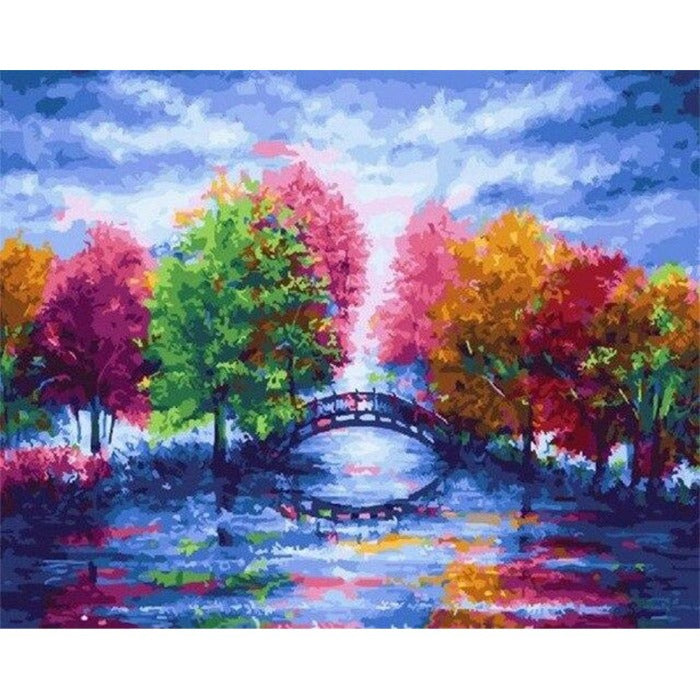 Painting By Numbers Kit DIY Lake Tree Bridge Canvas Oil Art Picture