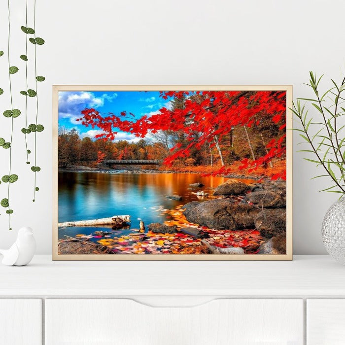 Maple by Lake Hand Painted Canvas Oil Art Picture Craft Home Wall Decor