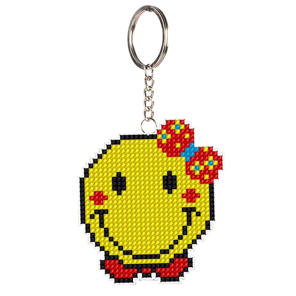 Stamped Beads Cross Stitch Keychain Happy Face 