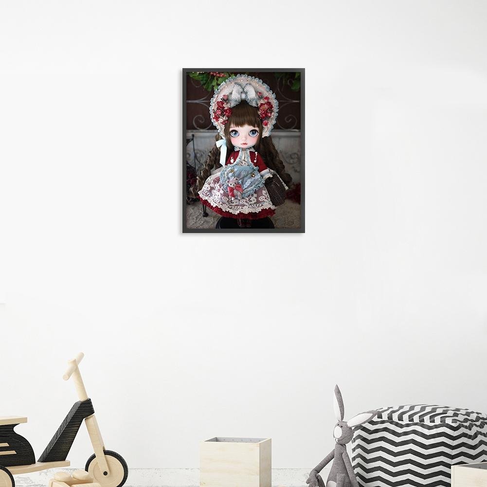 Pintura de diamante - Redondo completo - Muñeca niña con sombrero de pajarita