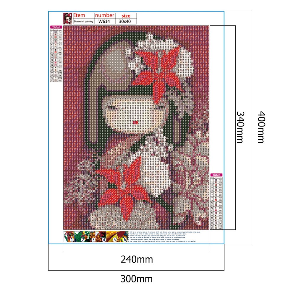 Kit de pintura de diamante DIY 5D - redondo completo - boneca japonesa