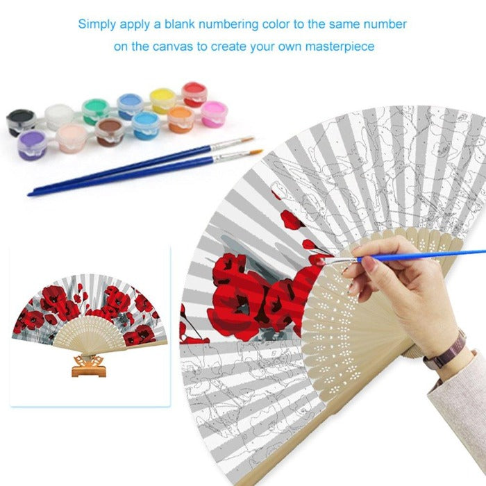 DIY Rose Oil Paint Kit by Numbers Folding Paper Coded Hand Painted Fan