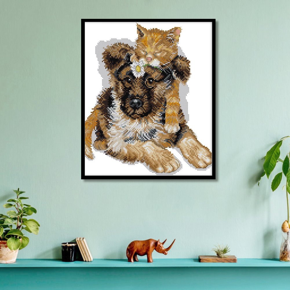 14ct Stamped Cross Stitch - Dog Cat (28*32cm)