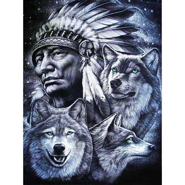 Diamond Mosaic Embroidery Kit Native American And Wolves