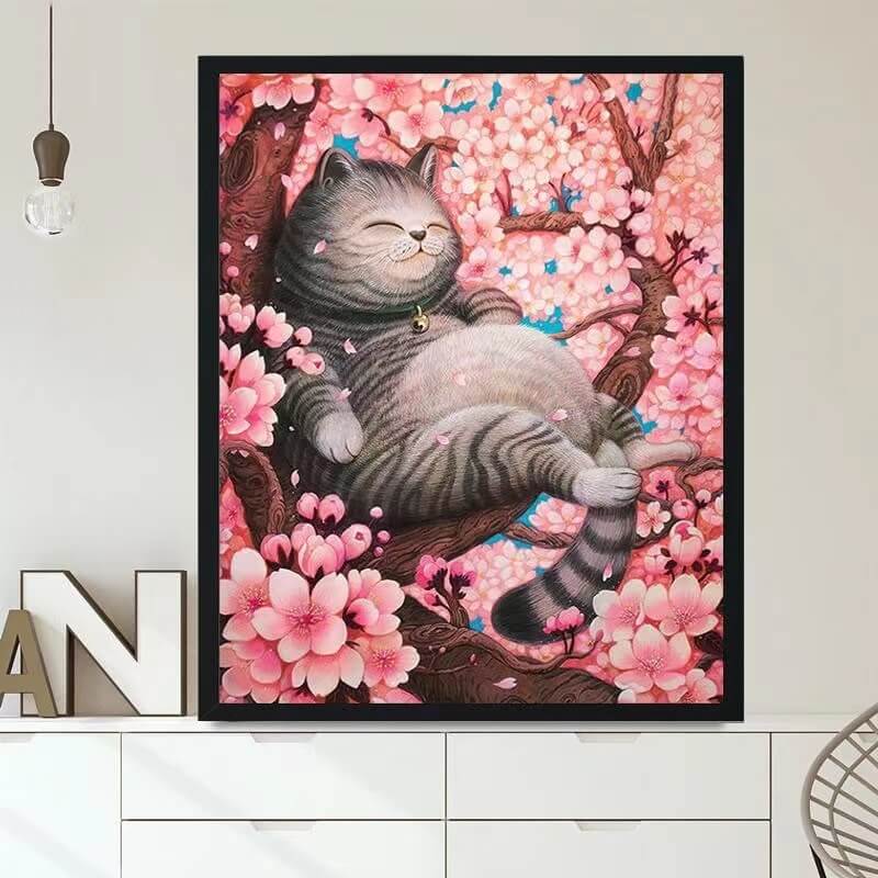 Full Drill Diamond Painting Art Kit Cat's In Peach Blossom