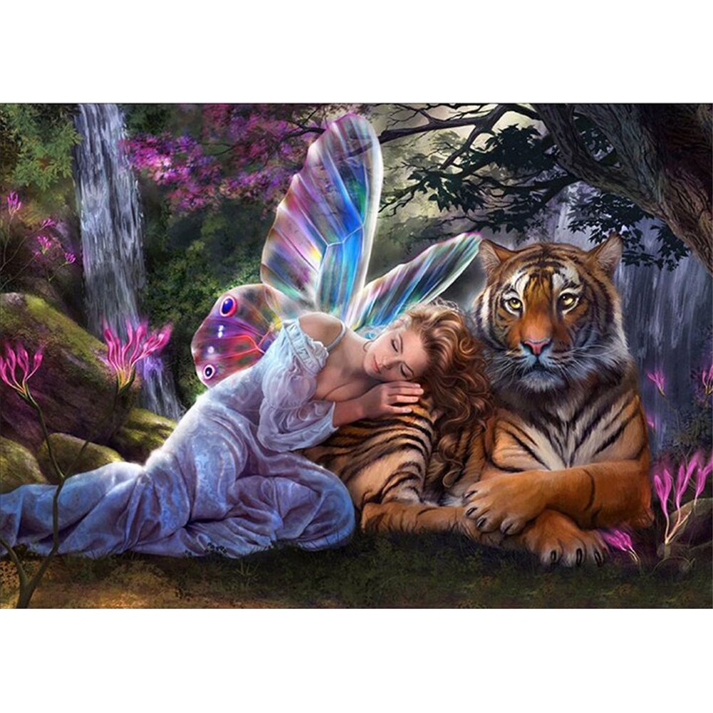 11CT Stamped Cross Stitch Kit Angels&Tiger Quilting Fabric (50*40CM)