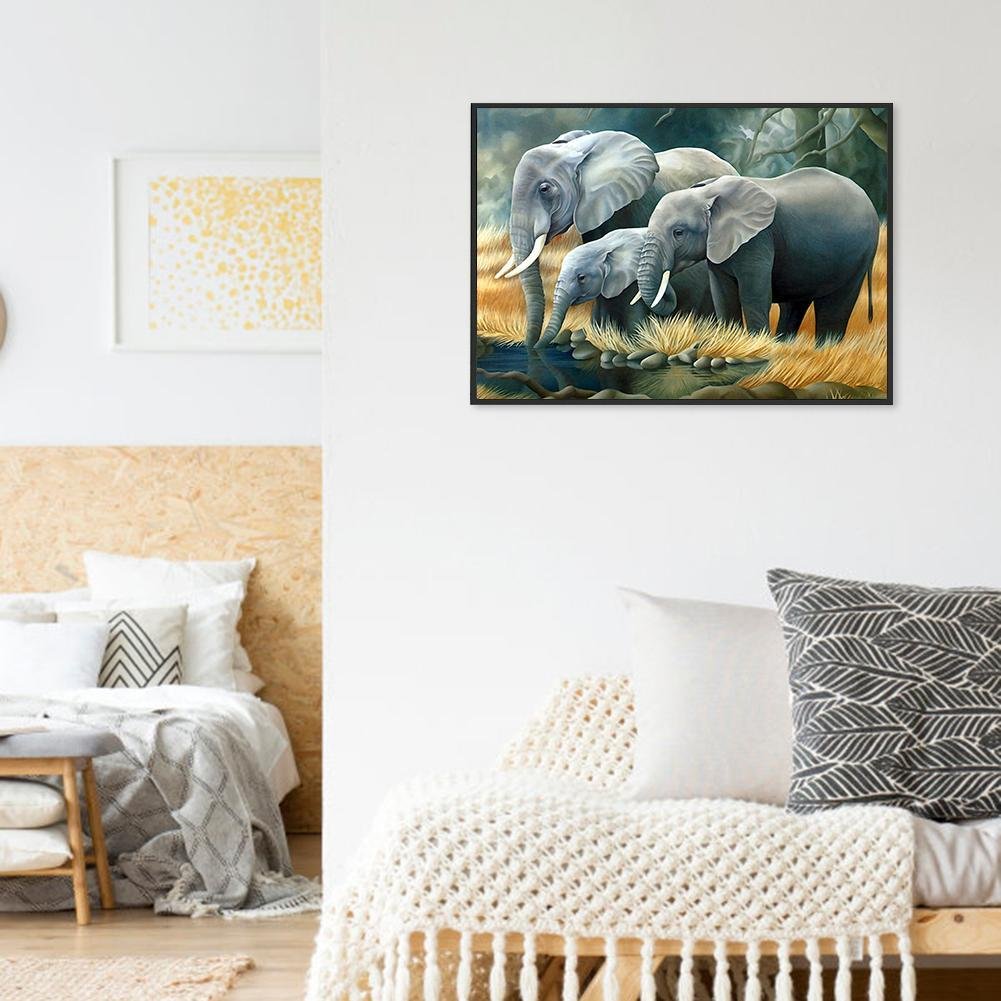 Pintura Diamante - Rodada Completa - Família Elefante Bebendo