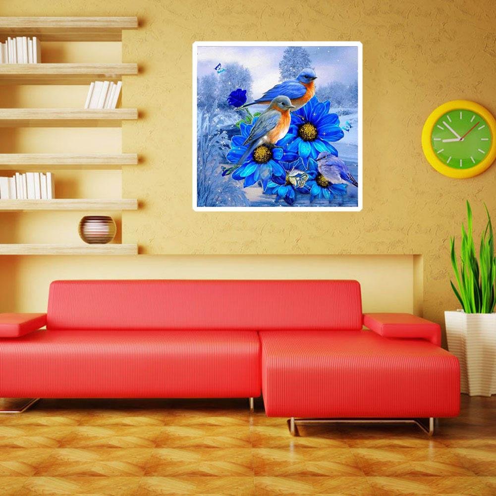 Pintura Diamante - Redondo Completo - Pássaro Flor Azul