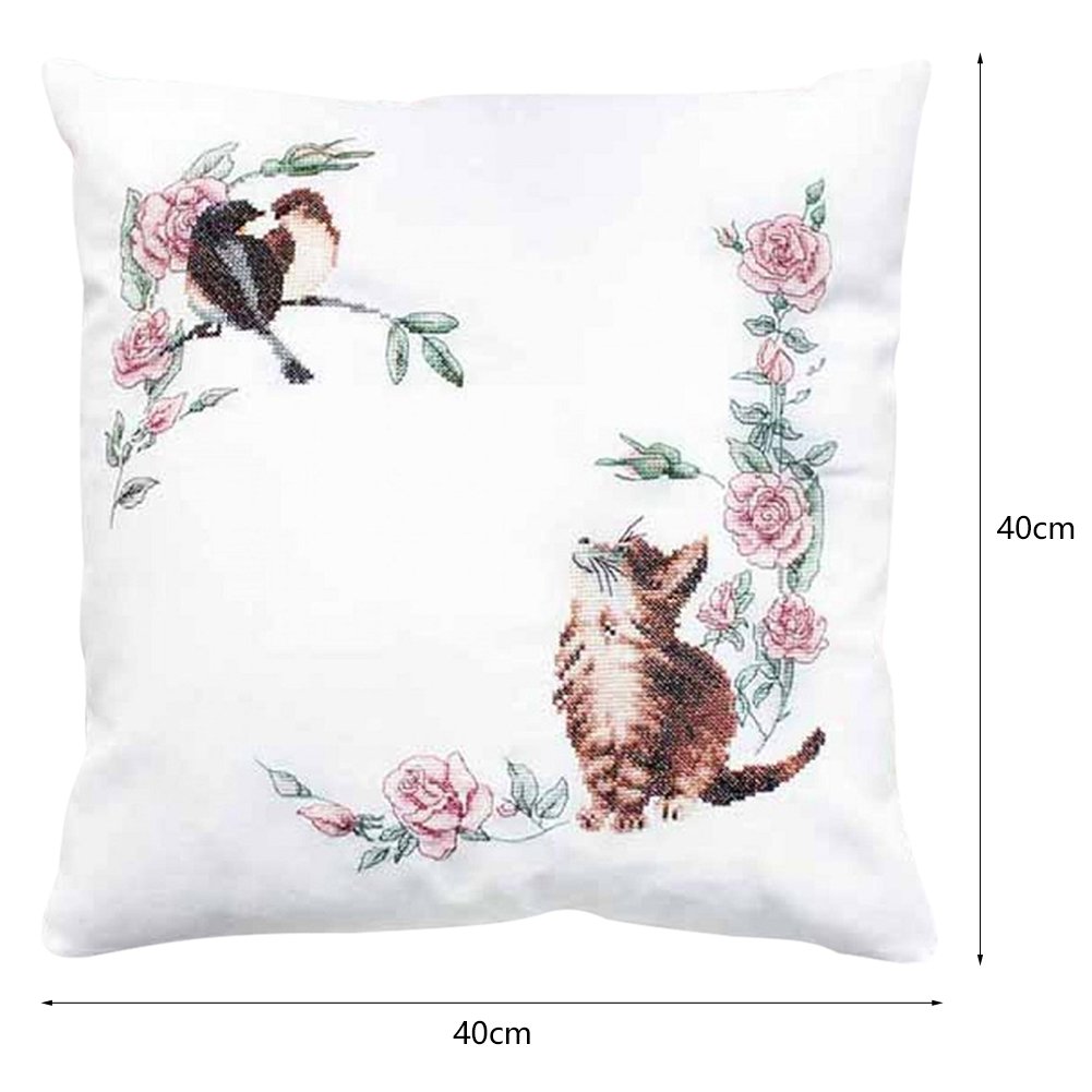 11CT Stamped Cross Stitch Pillowcase - Cat&Bird(40*40CM)