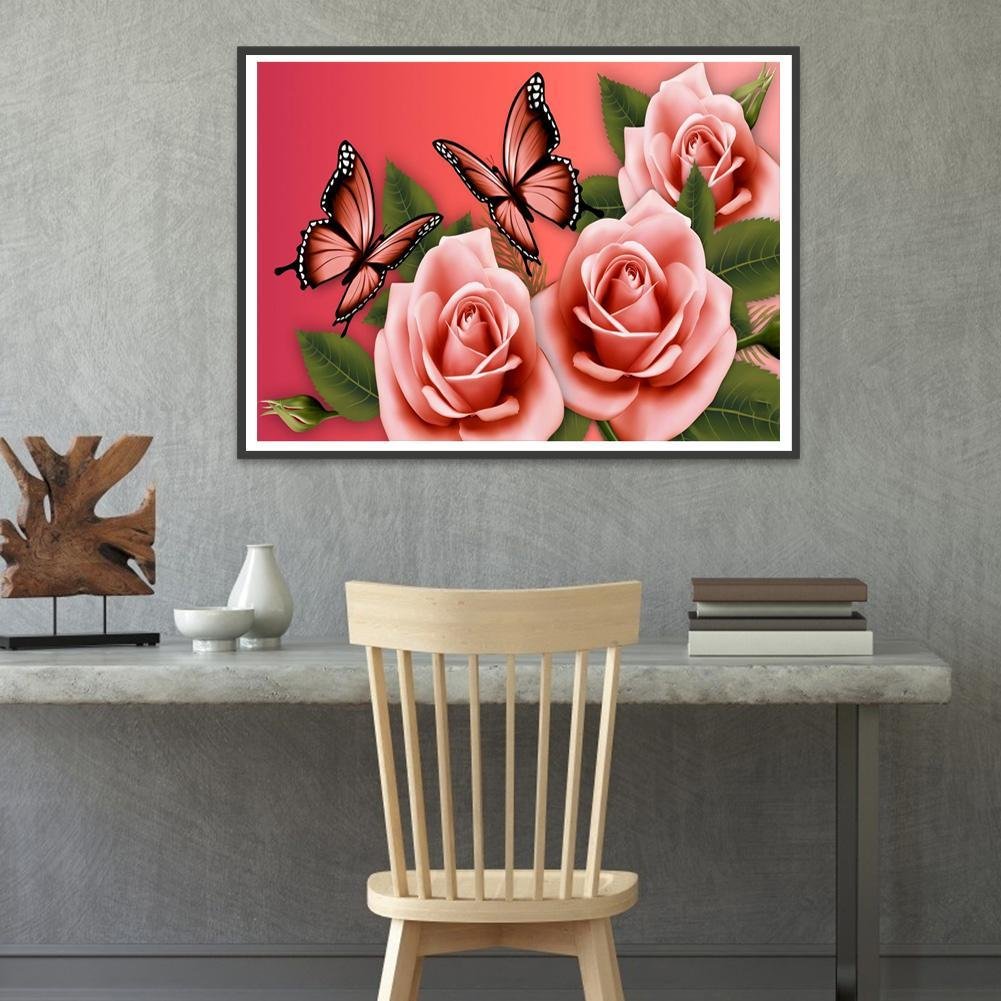 Diamond Painting - Full Round - Pink Rose Butterfly