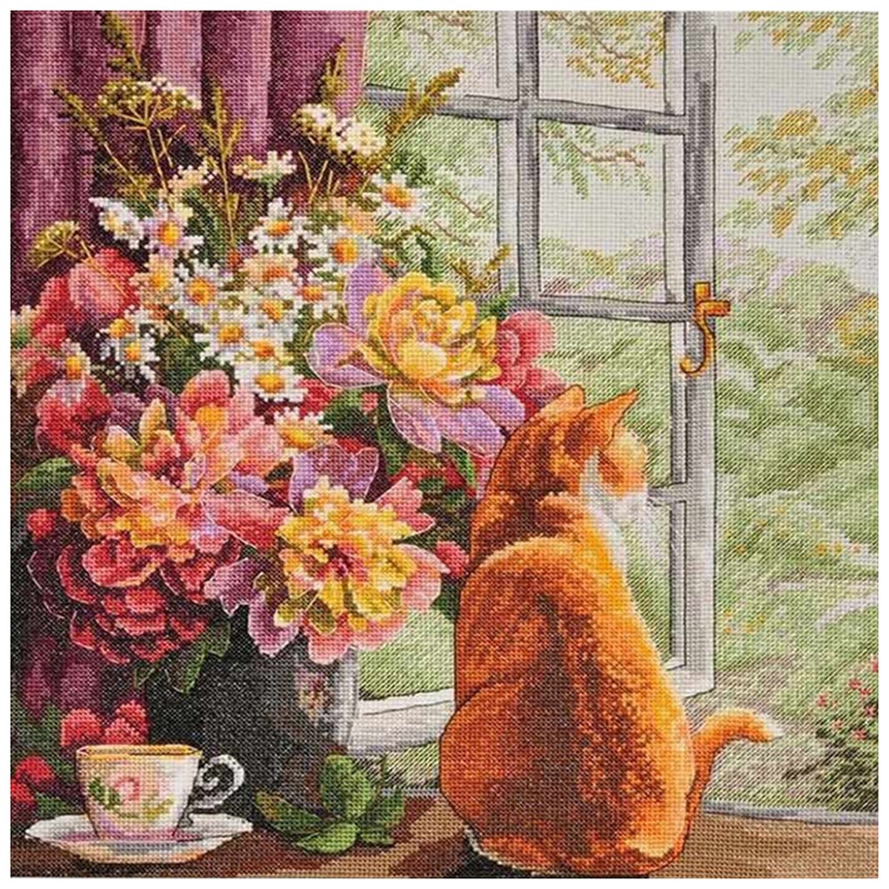 11CT Stamped Cross Stitch Flower and Cat(60*60CM)