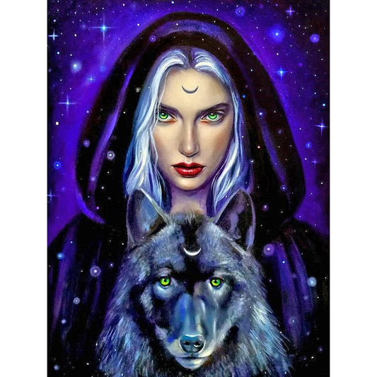 5D Diy Diamond Painting Kit Full Round Beads Witch and Wolf