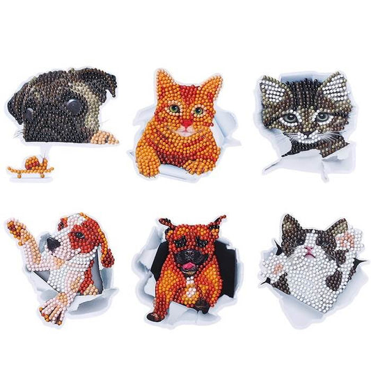 6 pcs round dogs & cats diamond painting stickers