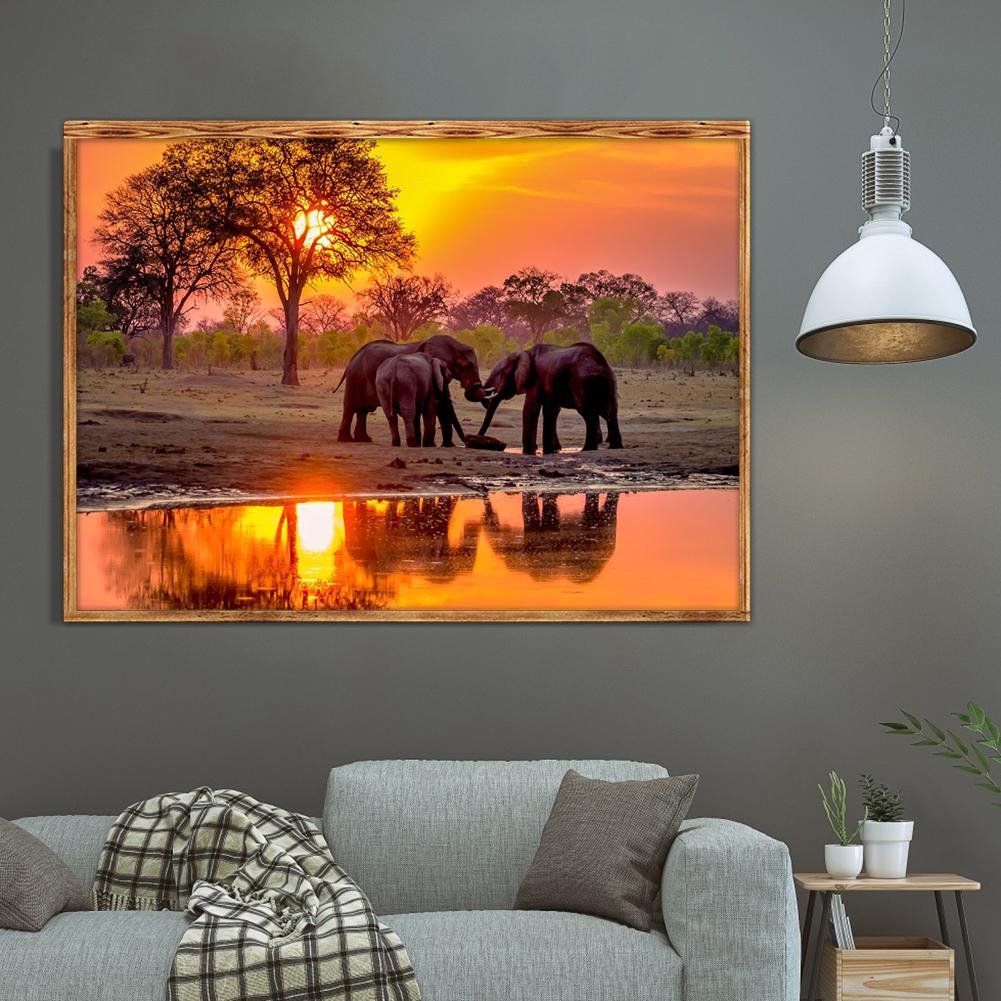 Pintura Diamante - Rodada Completa - Elefante Pôr do Sol