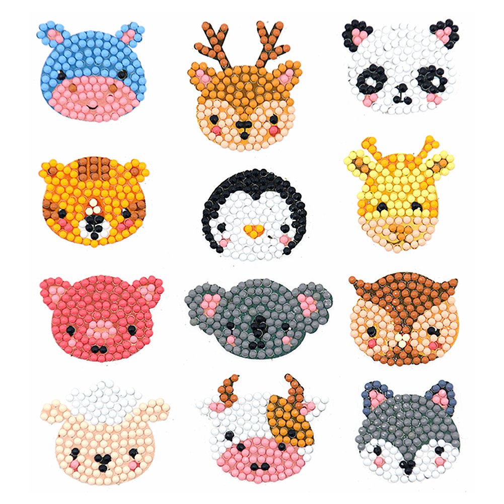 12pcs Colorful Animal Head Self-adhesive Rhinestone Painting Kit Stickers