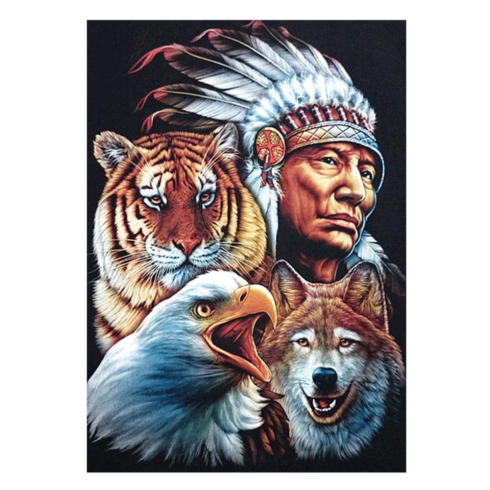 5D Diy Diamond Painting Kit Full Round Beads Indians and Tigers