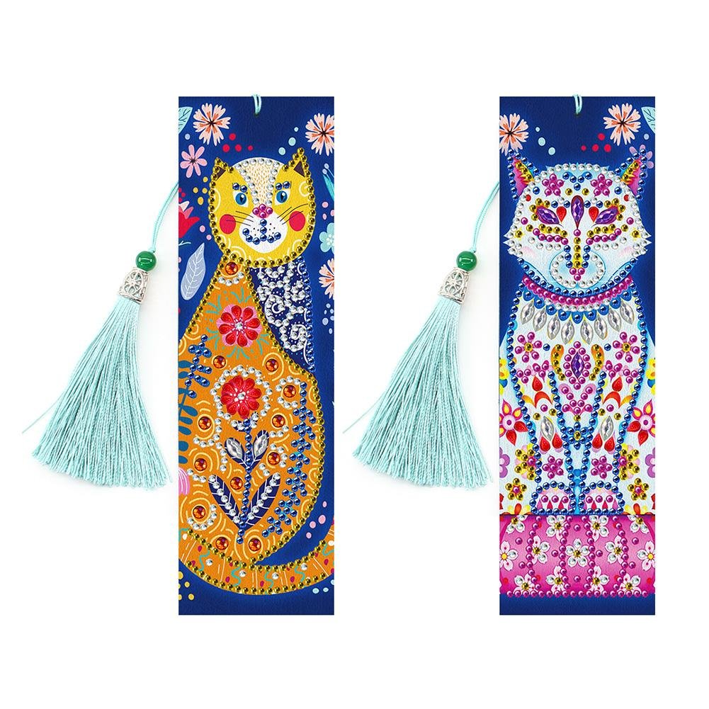 2x DIY Diamond Painting Leather Bookmarks Tassel Cat Embroidery Page Marker