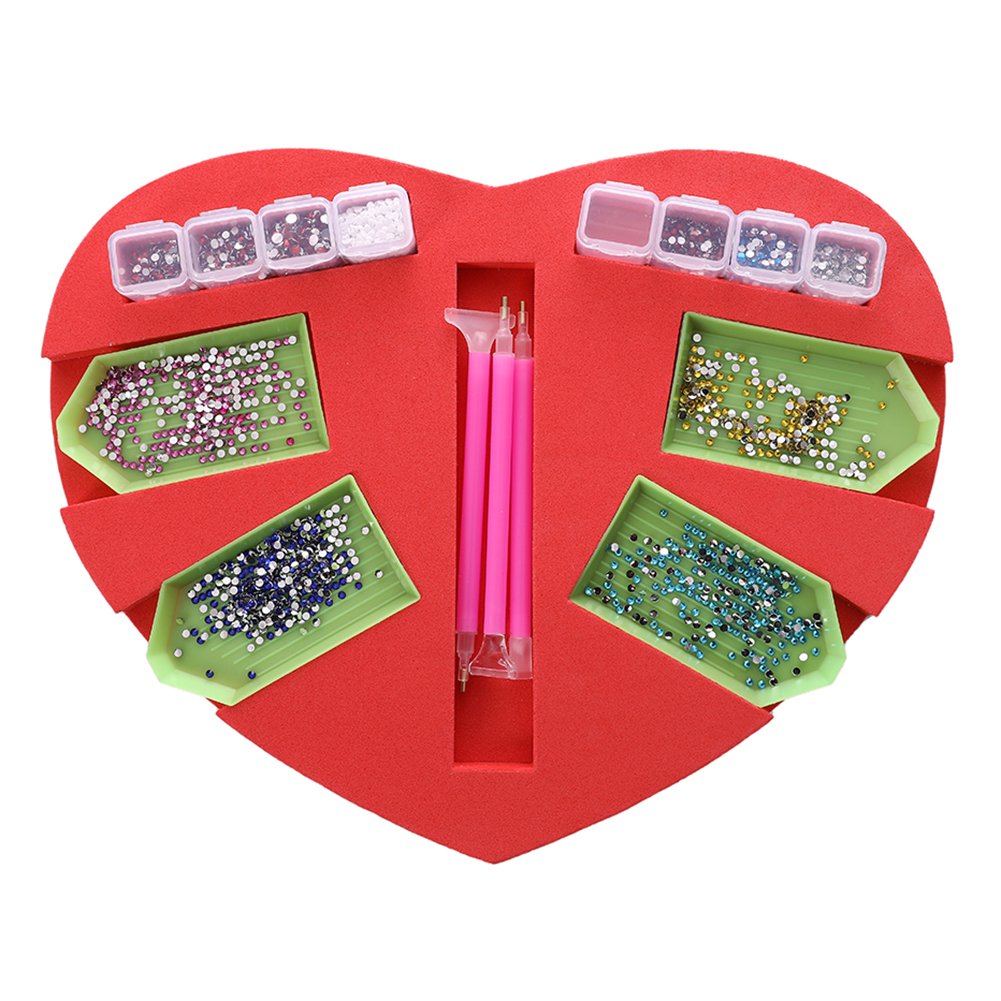 Kit de caja de taladro de punto de almacenamiento de cuentas de soporte de bandeja de pintura de diamante de corazón