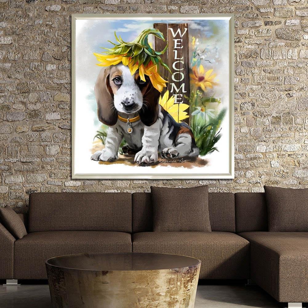 Diamond Painting - Partial Round - Dog with Sunflower