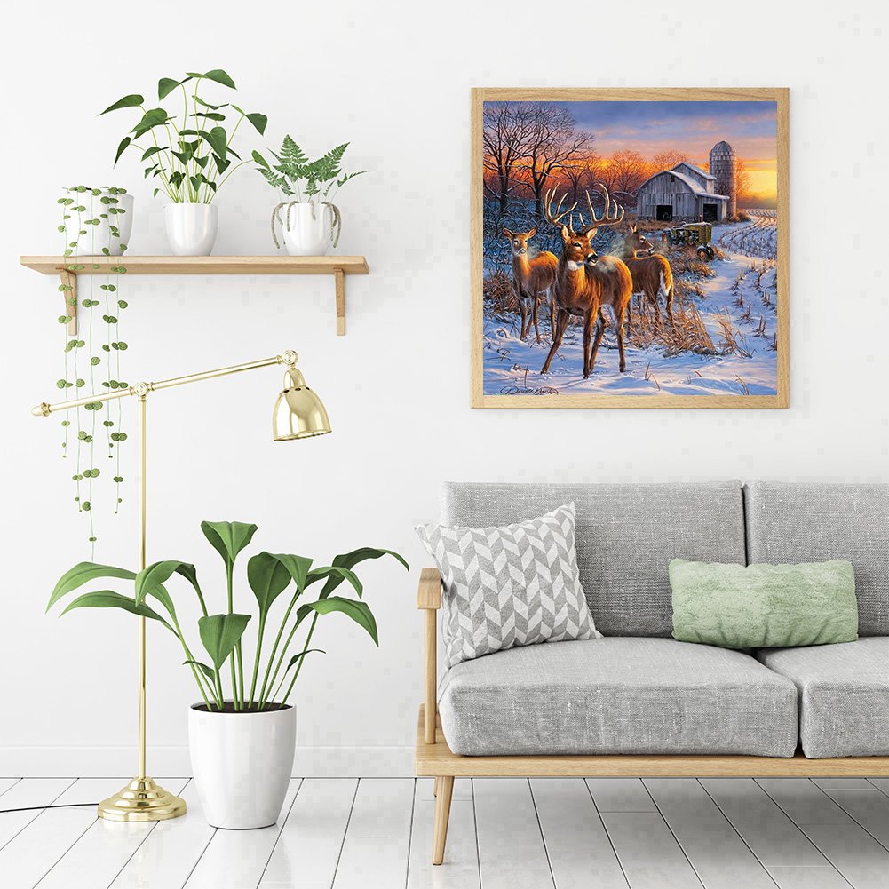 Pintura Diamante - Rodada Completa - Cena de Neve e Cervos
